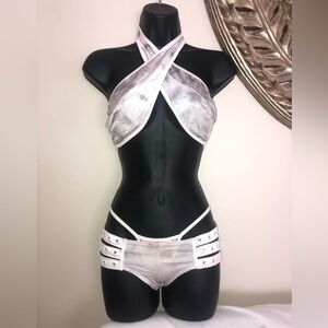 White🤍Metallic Crisscross Halter Bikini tie up set with rhinestones Dancer•Club•